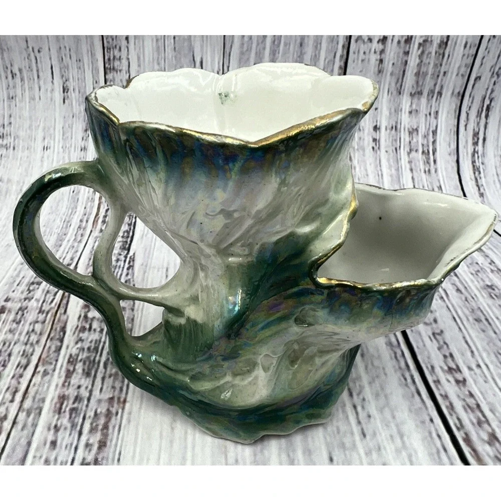 Antique German Porcelain Mustache Shaving Mug Luster Green Gold
